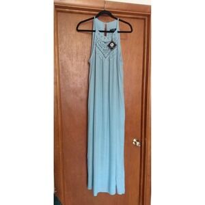NWT BohoChic Crochet Halter Maxi Dress LG Cloud Blue Flowy 70s Revival w Pockets